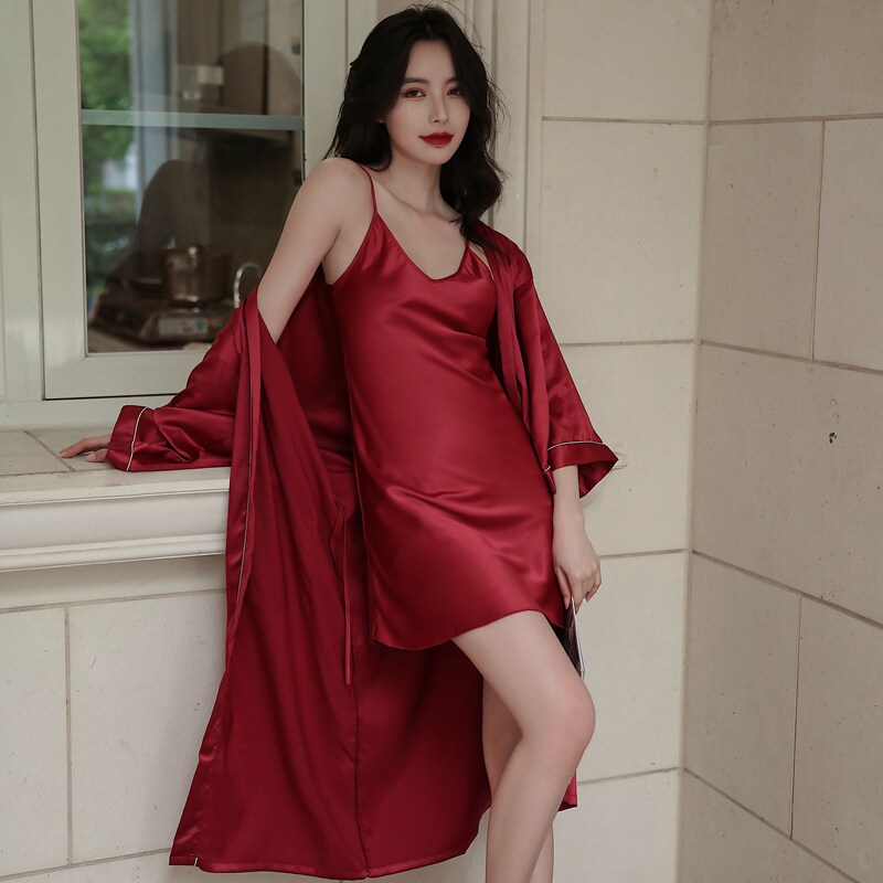Japanese bride morning robe female spring and autumn 2023 new French sexy gown long wine - red pajamas