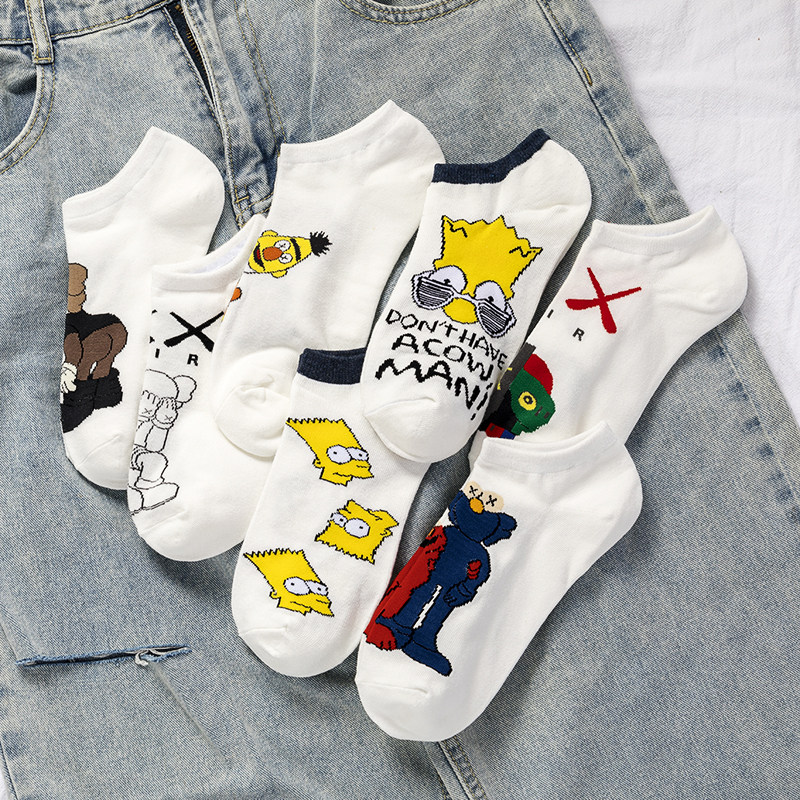 Japanese 5 pairs of socks men and women ins tide Japanese couple socks pure cotton shallow mouth thin cartoon invisible socks