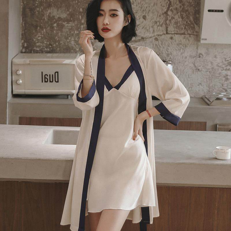 Japanese Sleeping Skirt Woman with chest cushion Long sleeves Two sets 2022 Summer New Ice Sexy Harness Home Clothing 