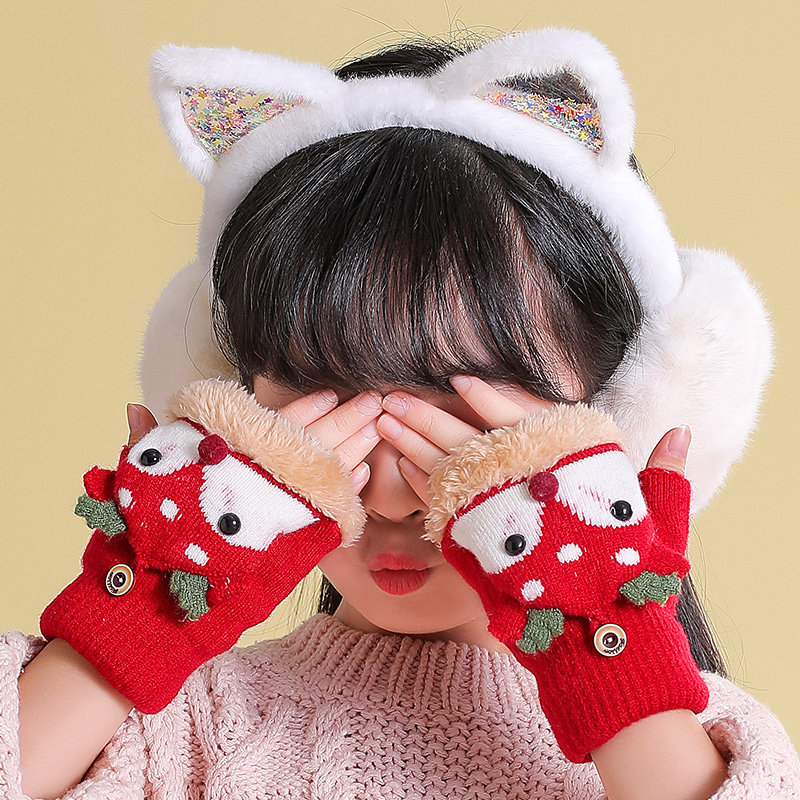Japanese children's gloves in winter cartoon written dew finger finger gloves with semi-cut hair keeper heat plus-plus-covered