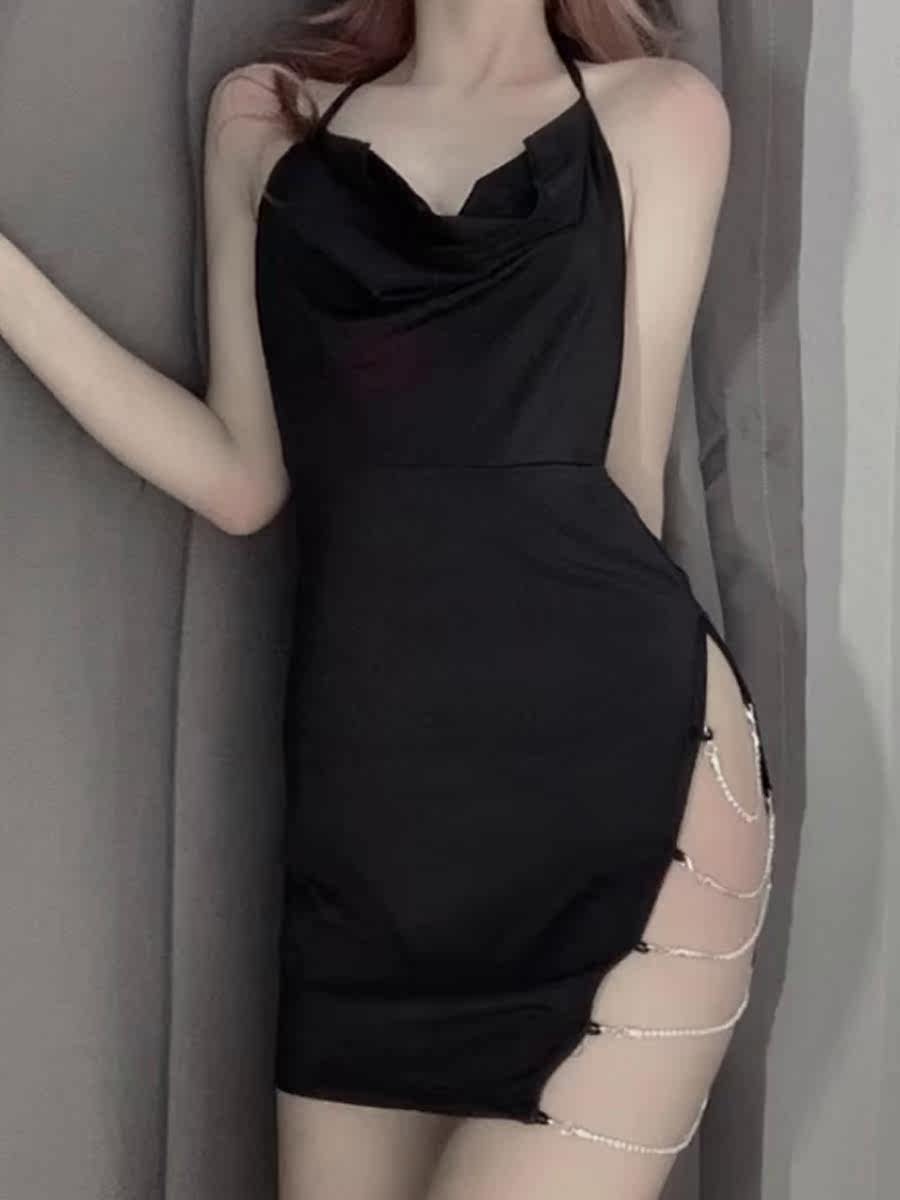 Steal Your Cat: Full Score Queen Sexy Suspender Temptation Irregular Slit Backless Slim Nightdress Dress
