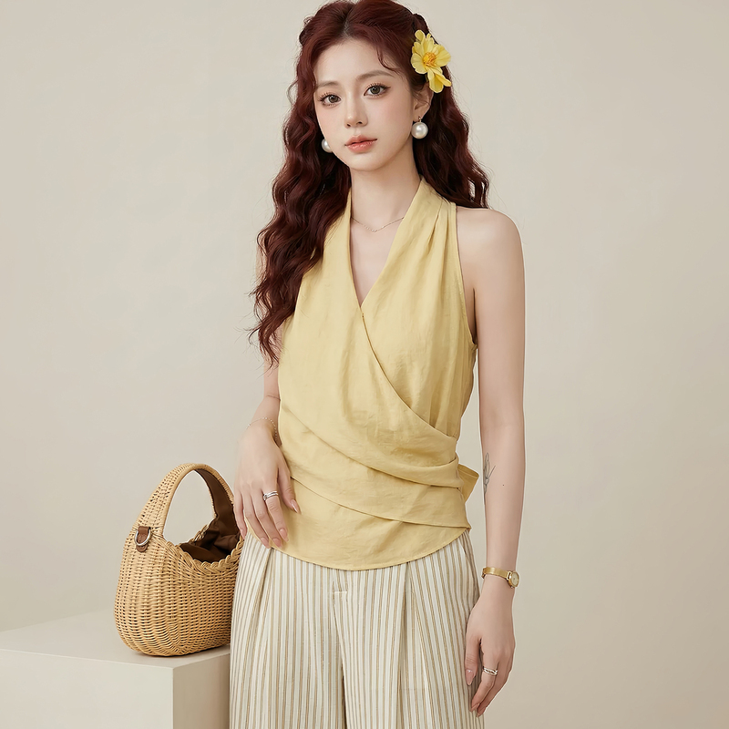 French-Style V-Neck Design Waist-Cinching Halter Neck Tank Top for Women, Summer Wear, Petite Size, Yellow Sleeveless Linen Shirt Top