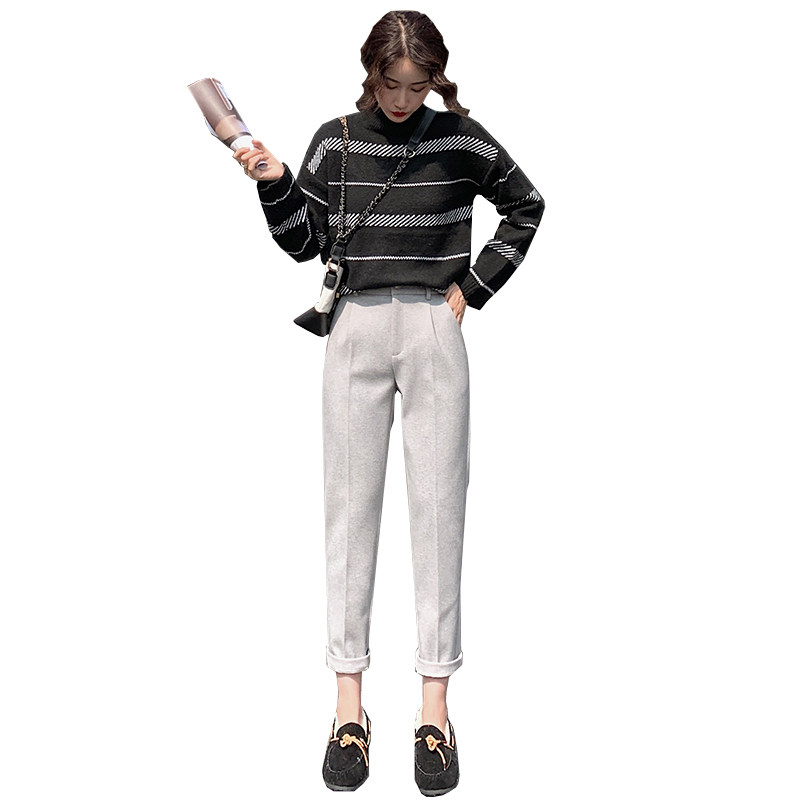 毛呢哈伦裤西装女直筒老爹2019秋冬新款烟管裤宽松小脚休闲长裤子