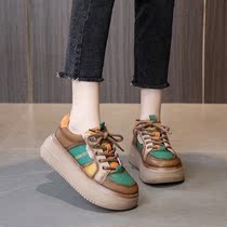 Yerkan Genuine Leather Thick Bottom Single Shoes Women 2022 Spring New Retro Lacing Pine Pastry Base Collage Casual Board Shoes