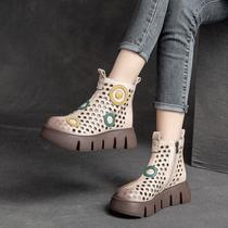 Genuine Leather Willcon Retro National Wind Casual Thick Base Sandals Women Waterproof Bench High Heel Hollowed-out Women Shoes Cavern Cool Boots