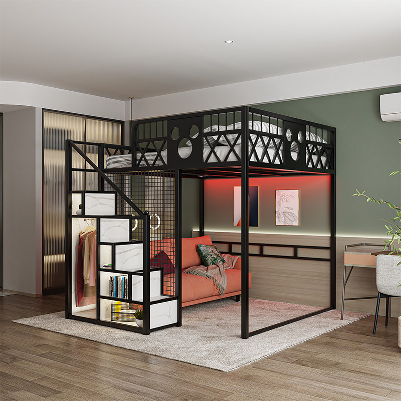 Iron elevated bed small household dorm bed Single apartment high and low bed multifunctional building cabinet bed spatial iron rack bed