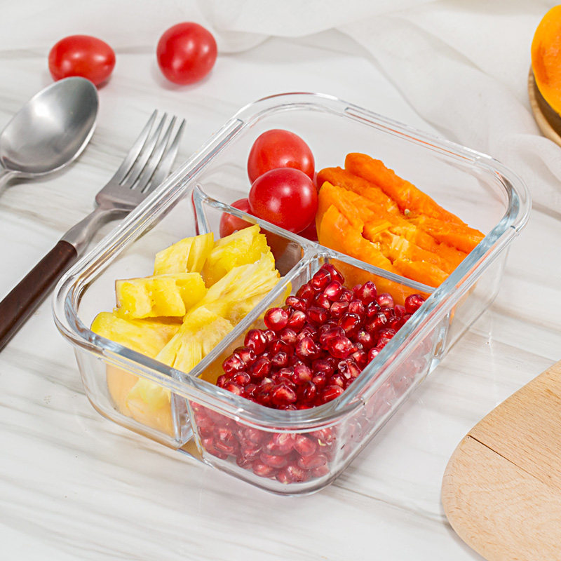 Glass lunch box with microwave heating lunch box for weight loss lunch box 3-divided package for work family