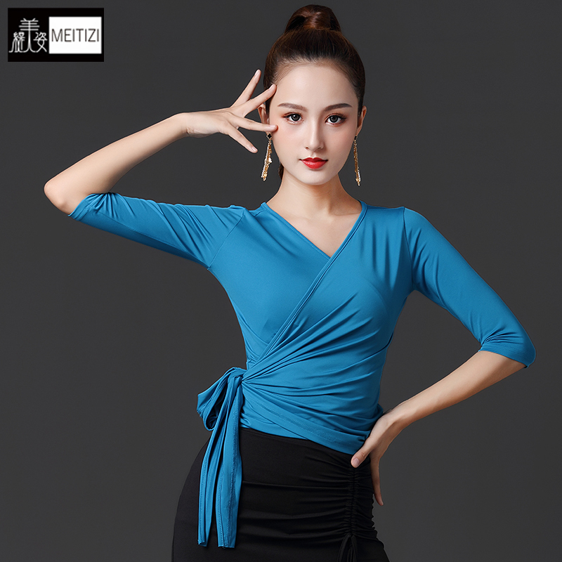 Latin Dance Tops for Women, Spring and Winter New Styles, Adult Women's Practice Dance Clothes for Modern Ballroom Dance, Tie-Up Mid-Length Sleeves