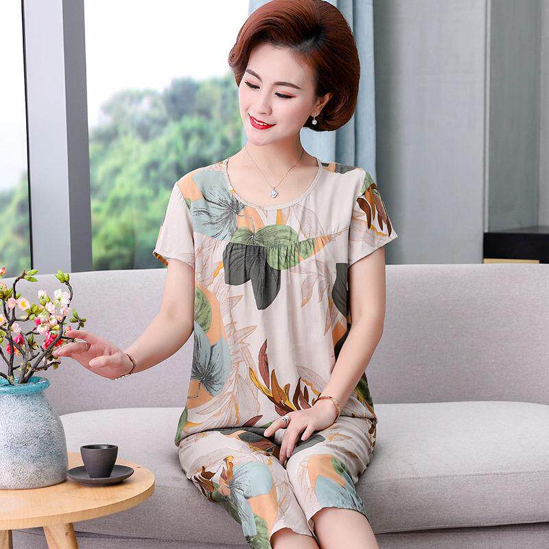 Pajamas women's summer mother cotton silk pajamas set middle-aged and elderly short-sleeved home clothes large size elderly pajamas can be worn outside