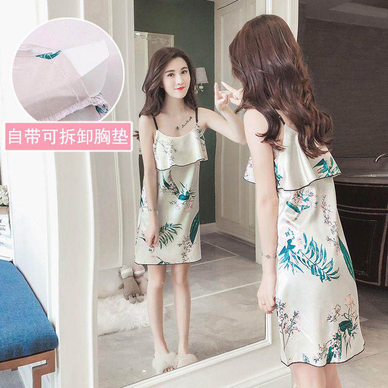Pajamas women's summer Korean version is very fairy student ice silk suspenders nightdress thin section sexy silk belt chest pad home clothes