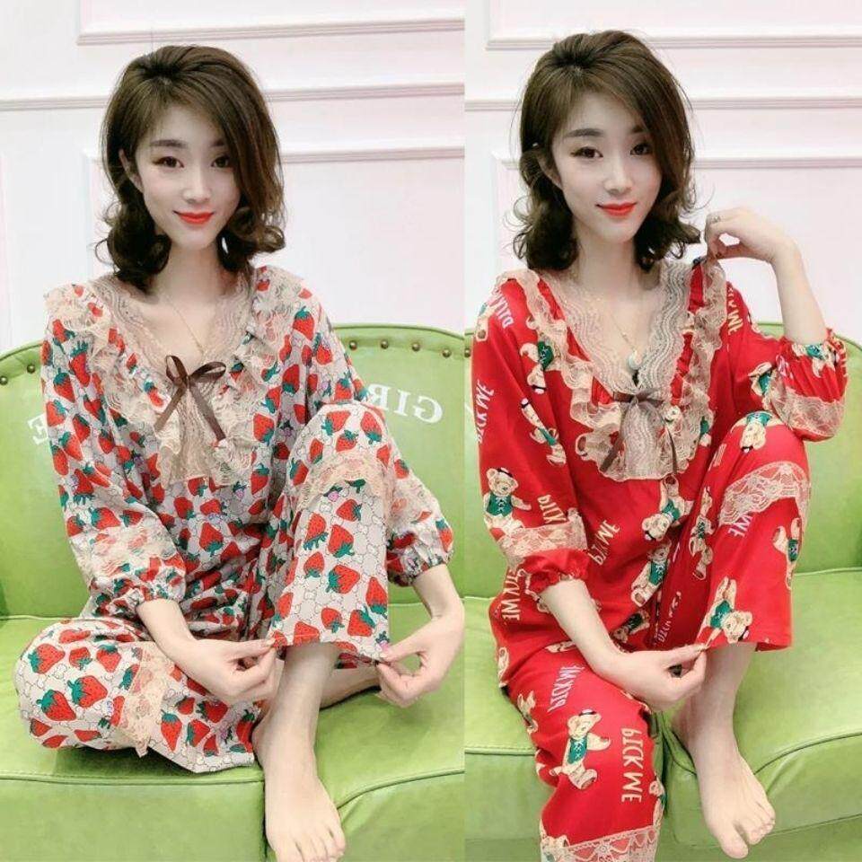 Spring new pajamas women's suits eight-point sleeves cotton silk comfortable Korean version is thin and meat-covering lace loose home clothes tide