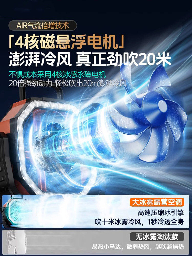 Outdoor Camping Rechargeable Electric Fan with Long Battery Life, Quiet Small Cooling Air Conditioner Fan for Home, Fishing, Car, Portable High-Wind Hanging Fan, Student Dormitory, Office Desktop Cooling Device