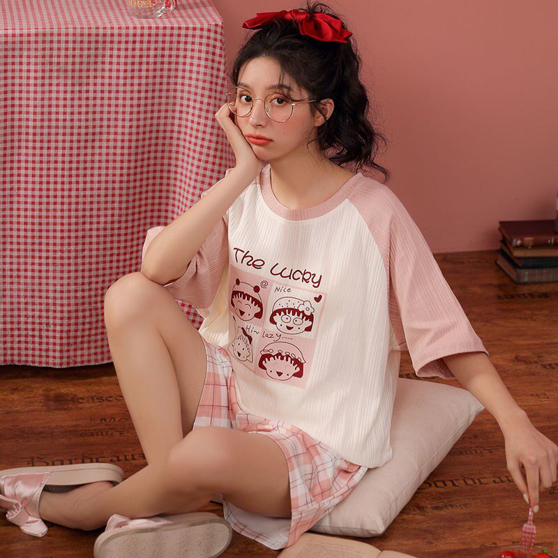 Sleepwear Women's Summer Suit Short Sleeve Shorts Casual Cute Cartoon Thin cotton New extras Home Home Suits Suit
