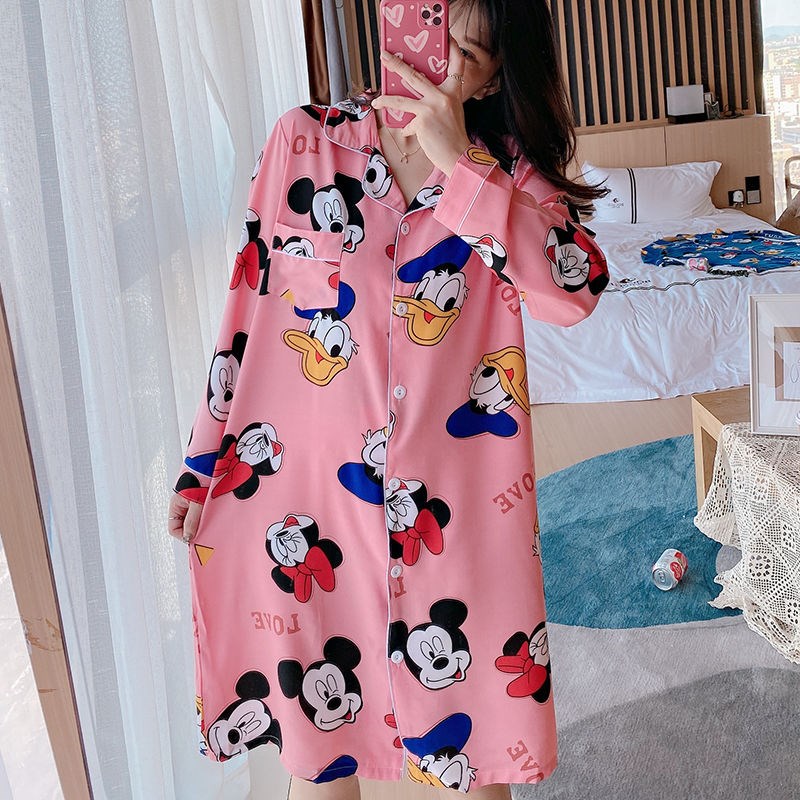 Pajamas women autumn spring loose thin ladies nightgown long sleeve cardigan long version of home clothing nightgown ice silk summer short sleeve