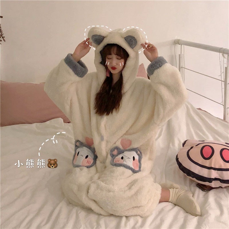Autumn-winter thickened warm and cute mid-length version of plush sleeping robe women's Korean version sweet and beautiful little Bear Home Suits Outwear