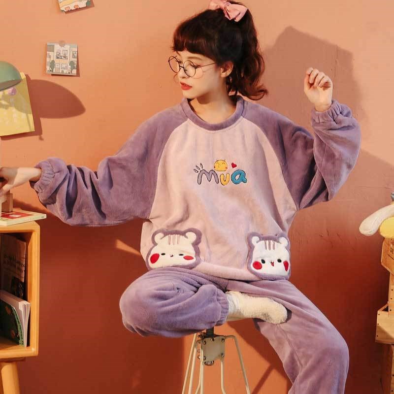 Pajamas women autumn and winter coral fleece plus velvet padded warm cute sweet Korean flannel women's home clothing suit