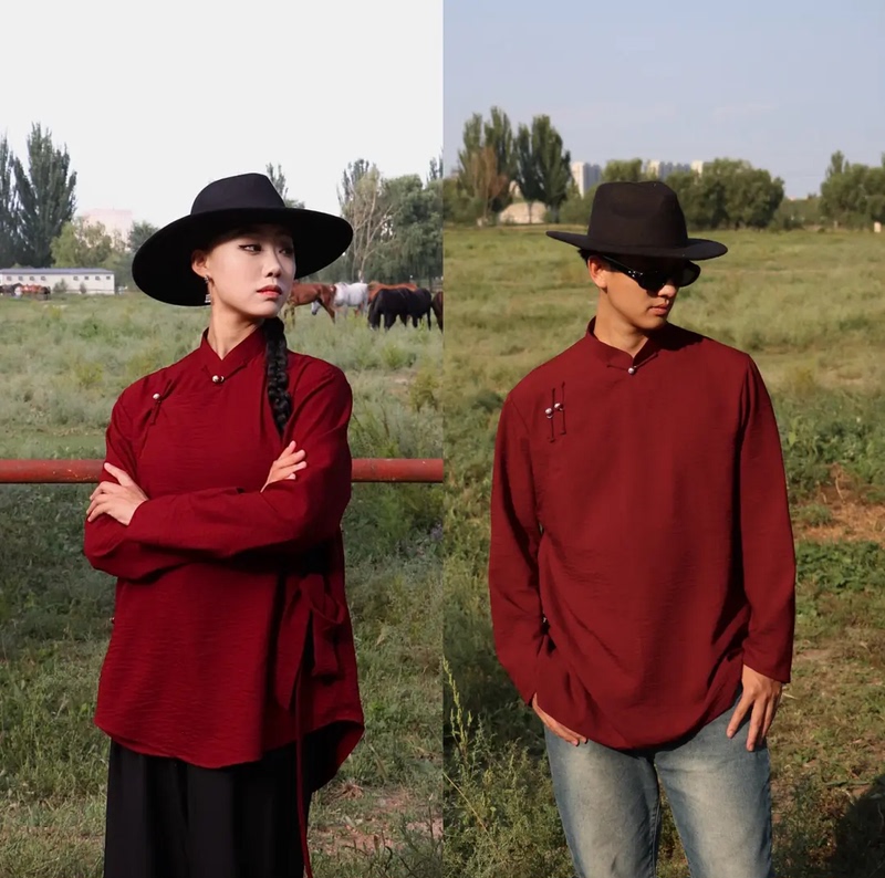 Ethnic Style New Couple's Pleated Basic Loose-Fitting Mongolian Base Shirt, Unisex Top