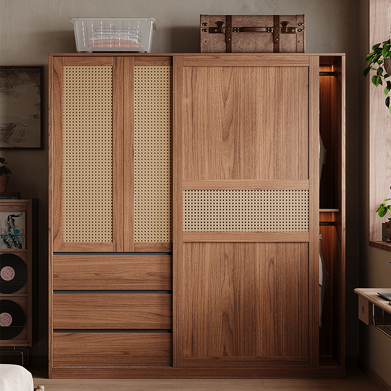 Rattan Sliding Door Wardrobe, Antique-Style Bedroom Clothes Storage Cabinet, Small Apartment New Model Sliding Door Finished Wardrobe Rattan Sliding Door Wardrobe, Antique-Style Bedroom Clothes Storage Cabinet, Small Apartment New Model Sliding Door Finished Wardrobe