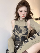 American sleeveless T-shirt woman early autumn pure desire hot girl sexy short half high collar harness vest with shoulder sleeve jacket