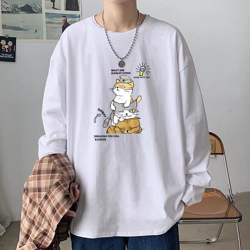 Autumn long-sleeved T-shirt men's Hong Kong style loose trend tide brand round neck top clothes ins simple letter printing bottoming shirt