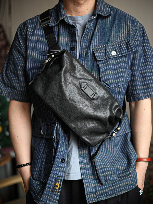 Cathyladi Vegetable-Tanned Leather Shoulder Bag Casual Cowhide Chest Bag Trendy Brand Simple Retro Sports Genuine Leather Crossbody Bag