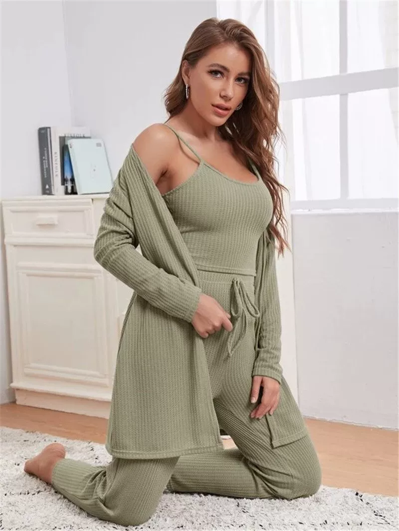 Крючатый топ-halter, штаны, халат, пижама, костюм три предмета