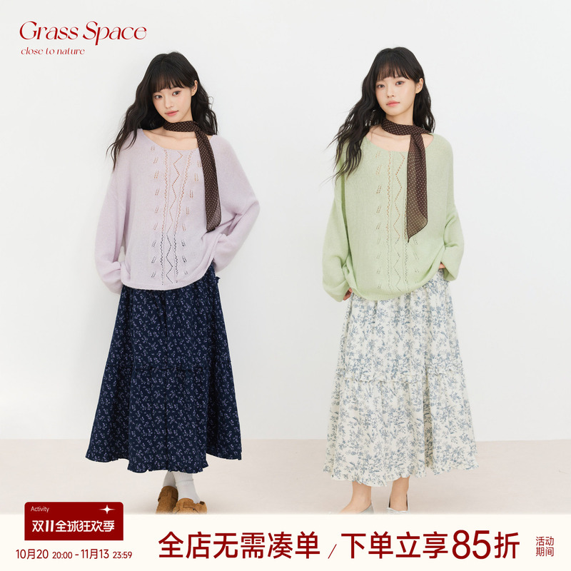 Original Space Grass Space Round Neck Hollow-Out Sweater for Women, Spring Slimming Knit Cover-Up, Sheer Outerwear Top