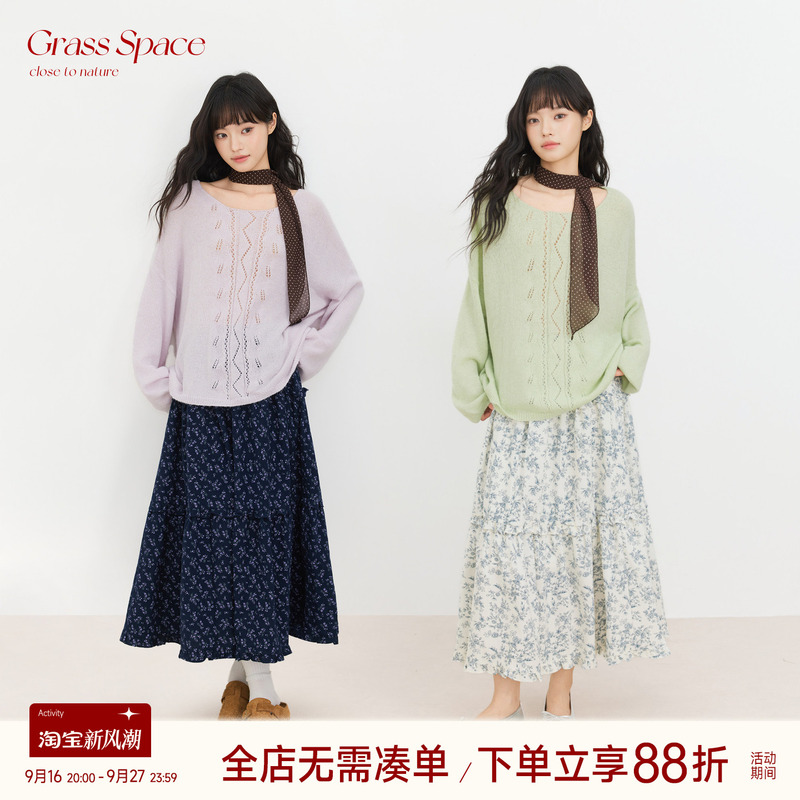 Original Space Grass Space Round Neck Hollow-Out Sweater for Women, Spring Slimming Knit Cover-Up, Sheer Outerwear Top