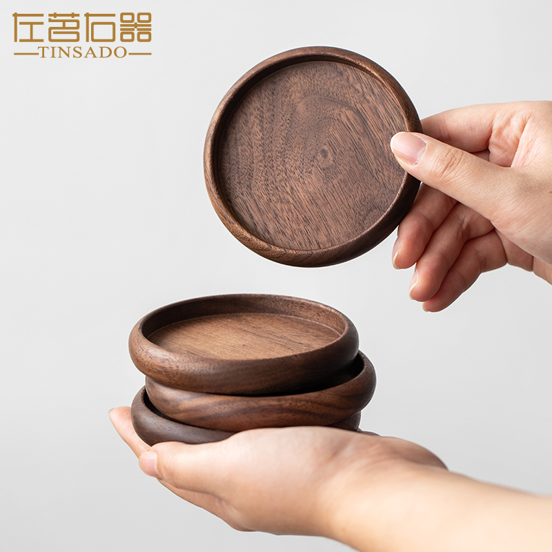Left tea right device Japanese walnut tea set coaster wooden solid wood placemat insulation pad round tea saucer handmade tea cup