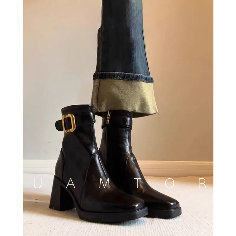 French Uamtor High-Heeled Thick-Soled Short Boots for Women 2026 Autumn and Winter New Black Slim Boots Square-Toe Martin Boots