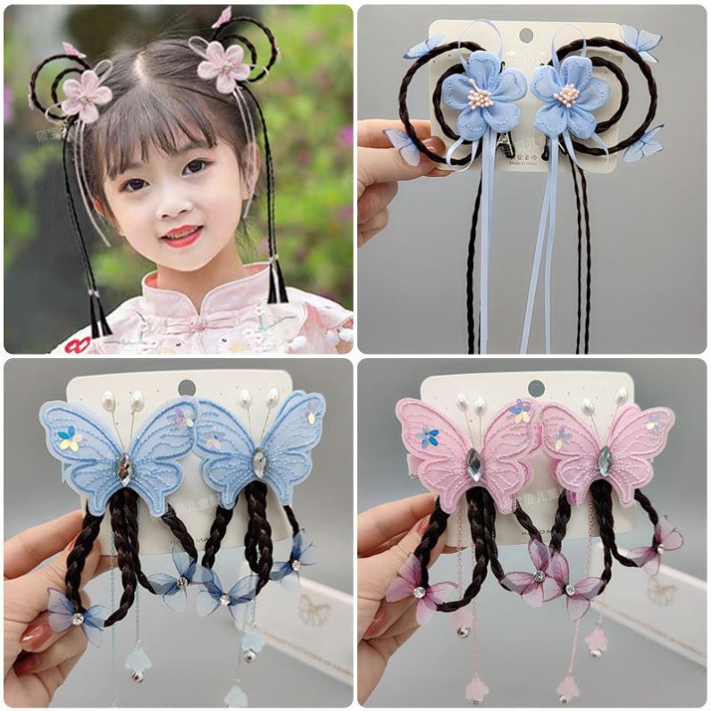 Girls Hanfu headdress Chinese style ancient costume super fairy Xiabao hairpin cute fake braid pair with handmade bow