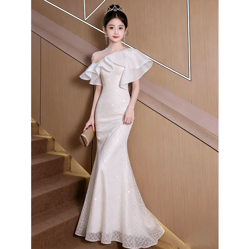 Girls' Piano Performance Dress, White, Niche, High-End, Light Luxury, Children's Model Runway Show, Fishtail, Host, Sophisticated Girls' Piano Performance Dress, White, Niche, High-End, Light Luxury, Children's Model Runway Show, Fishtail, Host, Sophisticated