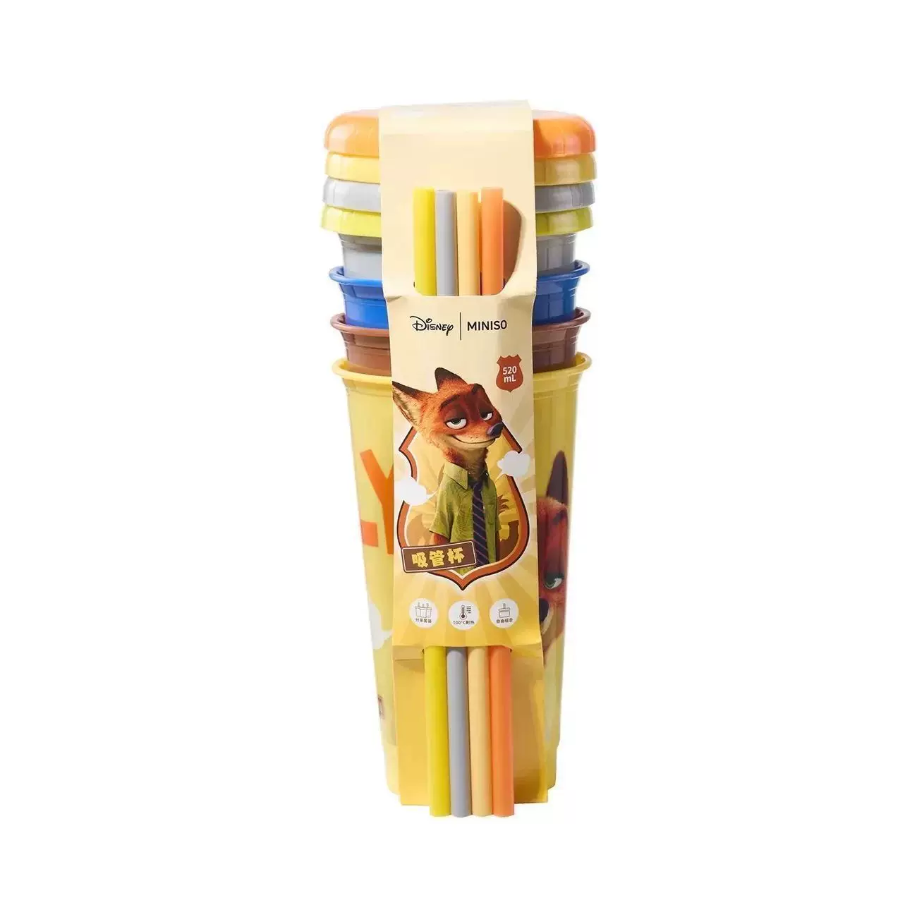 MINISO Zootopia набор стаканов с соломой из пластика на 4 штуки со крышкой Джуди Нику, анимационный стакан для воды