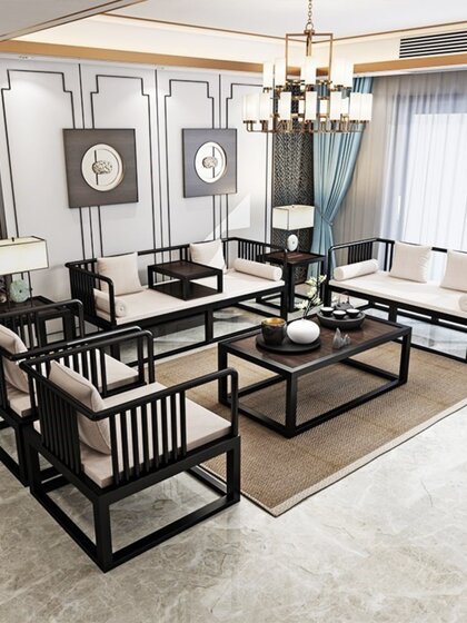 新中式铁艺沙发茶几组合现代简约仿实木禅意办公室套装会客接待室