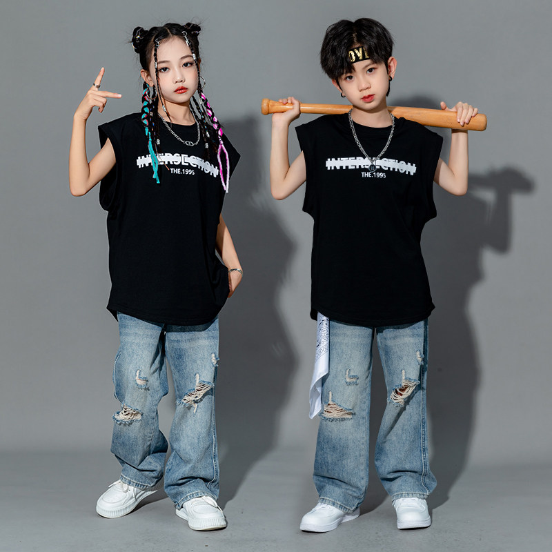 Less Son Street Dance Dress Rehearsal For Boy Black Sleeveless T-shirt New Girl Jazz Dance Suit Hiphop Performance-Taobao