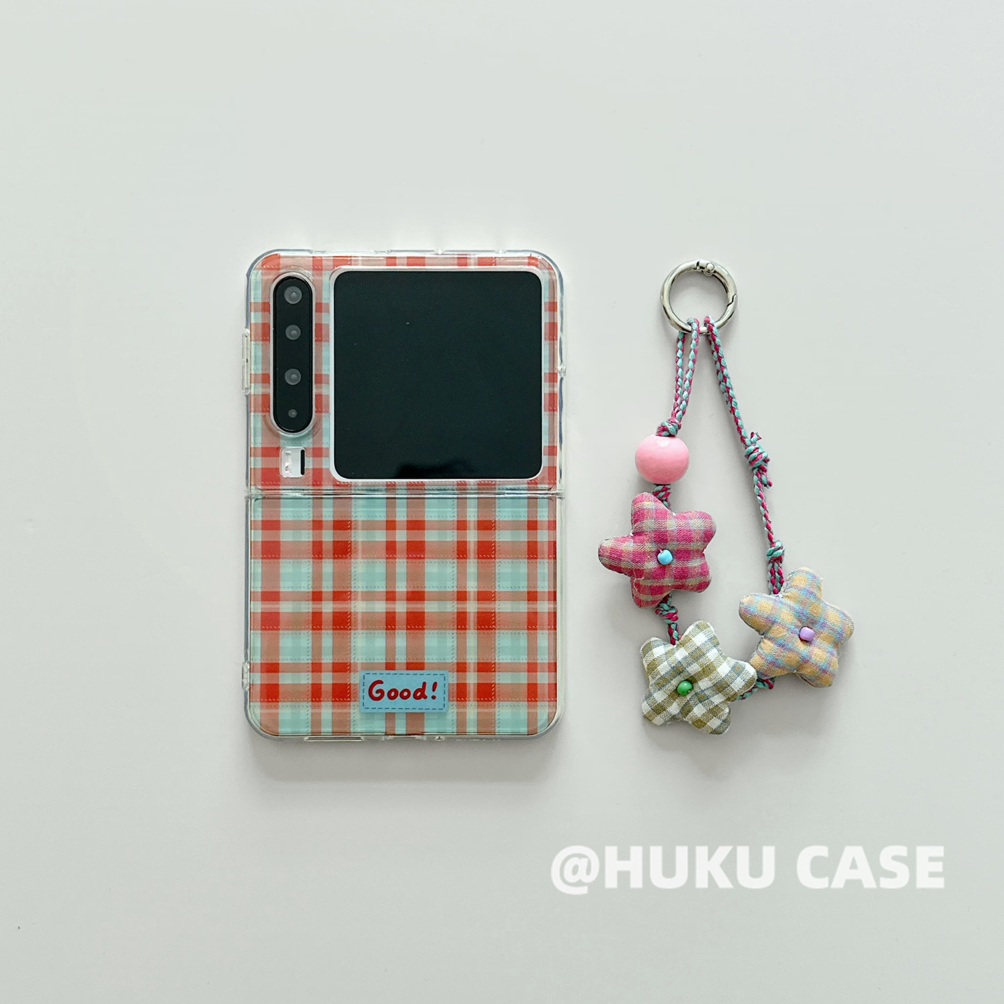 HUKU/Korean Style Ins Minimalist Retro Patchwork Plaid Case for Huawei Purax Collector's Edition Foldable Phone Case with Flower Lanyard Flip Cover, Full Coverage, Couple Style, Drop-Proof Protective Case
