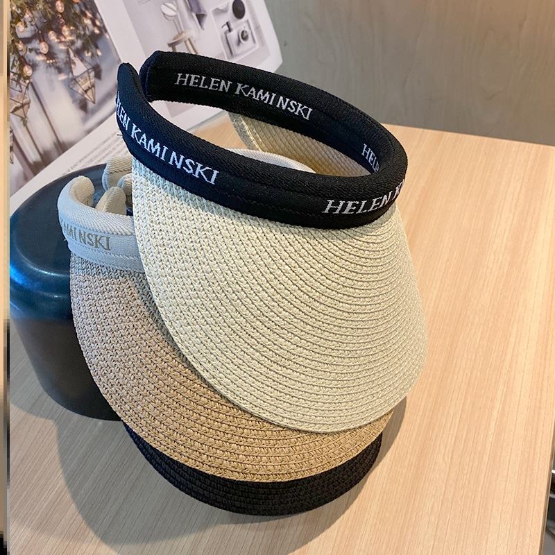 Summer grass knitted empty top hat children letters sunscreen hat sunscreen beach straw hat mesh red with topless hair hoop sunbeds