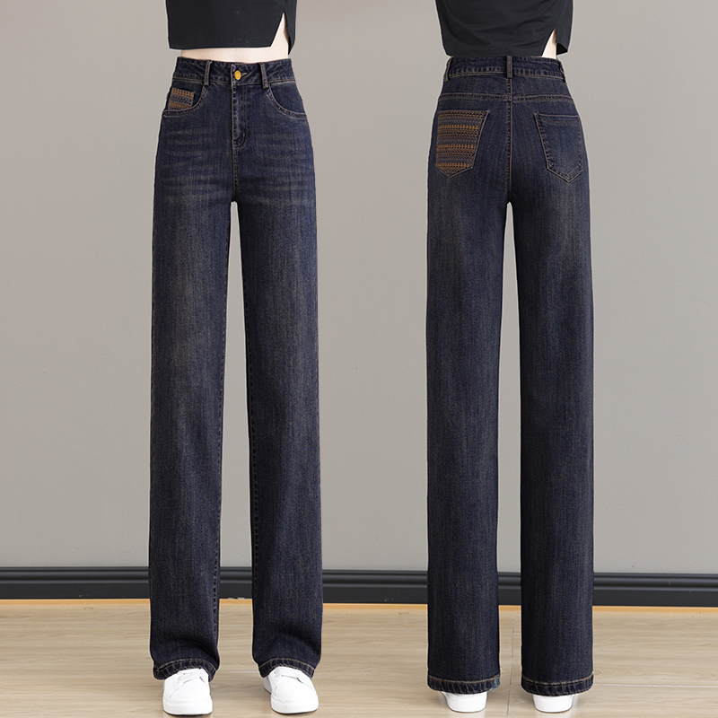 Ink Blue Narrow Wide-Leg Jeans for Women 2026 Spring and Autumn New High-Waisted Loose Ethnic Style Embroidered Straight Pants