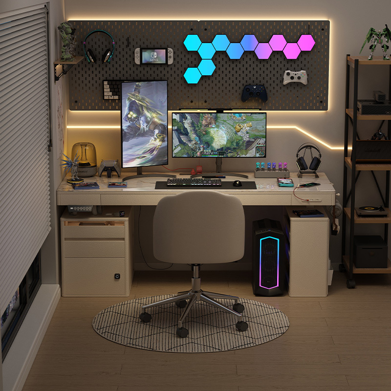 Home Bedroom Gaming Room Desk, Slate Double Computer Desk, Adjustable Height with Chair Set, Dressing Table, Workbench