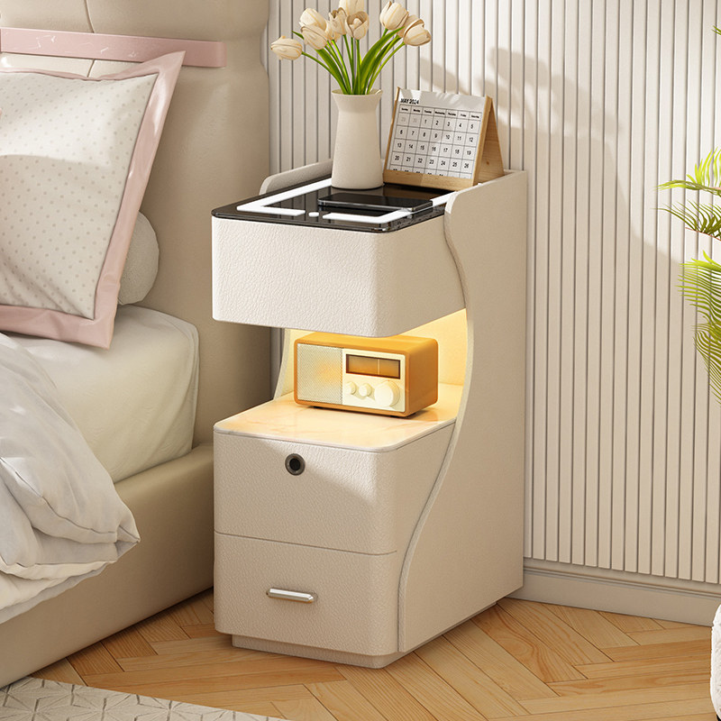 Бежево-серая прикроватная тумбочка small cabinet smart mini с замком для отпечатков пальцев 2024 новый дизайнерский маленький шкаф низкий шкаф Изображение 1