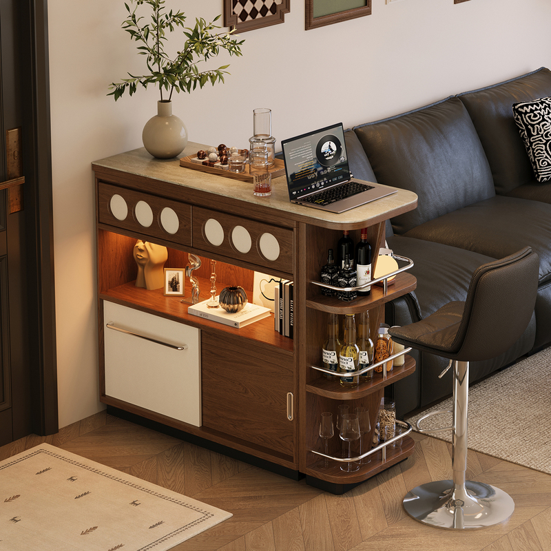 Medieval-Style Cave Stone Slab Retractable Bar Table Solid Wood Living Room Partition Cabinet Home Water Bar Integrated Sofa Side Cabinet