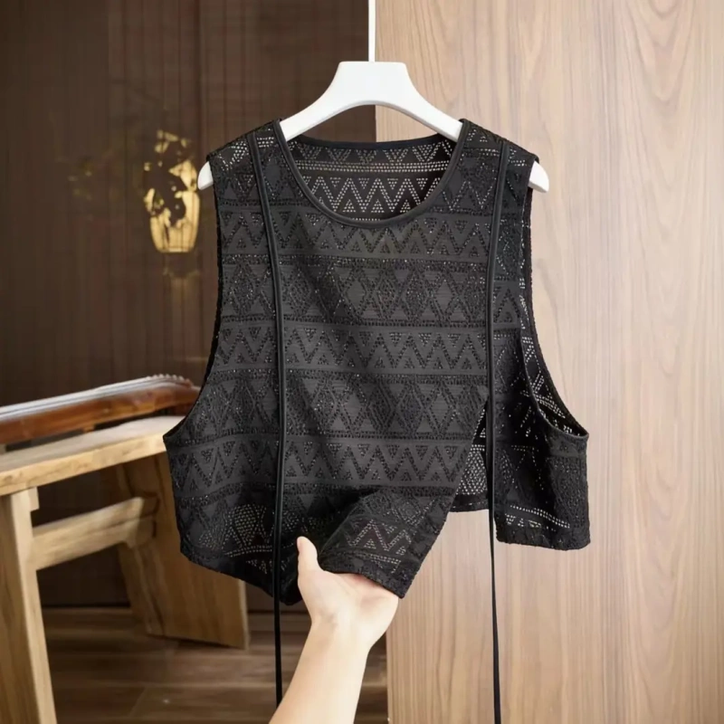Irregular Lace Vest Mesh Shirt Summer Beach Sleeveless Hollow Top Outer Wear Layered Vest Loose Lace Shirt