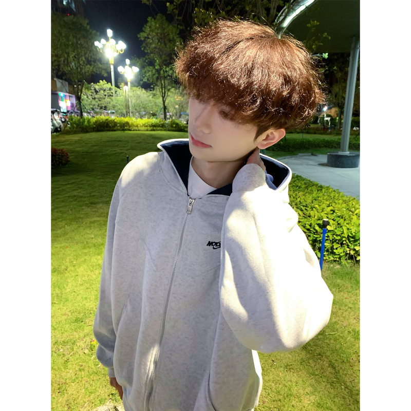 American High Street Style Gray Hooded Sweatshirt Jacket for Spring and Autumn, Boys' Cool and Lazy Style Zip-Up Cardigan Top American High Street Style Gray Hooded Sweatshirt Jacket for Spring and Autumn, Boys' Cool and Lazy Style Zip-Up Cardigan Top