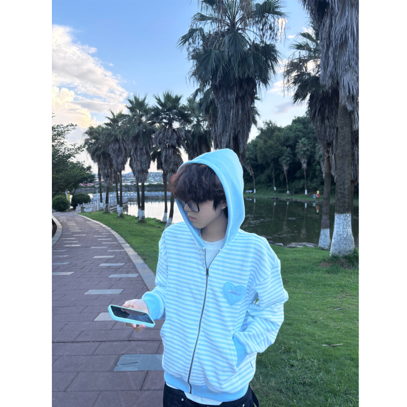 Korean Retro Blue Zip-Up Hooded Sweatshirt for Men, Spring and Autumn, Youth Style, Cool and Loose-Fitting, Lazy Style Cardigan Jacket