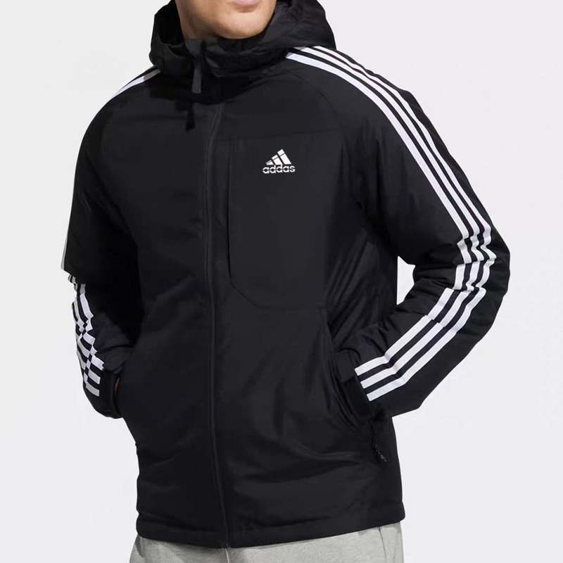 Clover Brand Men's Three-Stripe Hooded Cotton Jacket, Short Style, Thickened, Warm, Sporty, Loose, Casual Cotton Coat