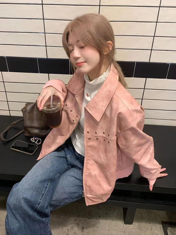 Pink Chanel-Style Biker Leather Jacket for Women, Spring and Autumn Style, Couple's Loose Design, Niche Pu Leather Jacket Top