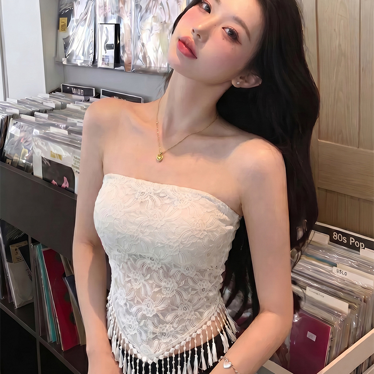 Korean-Style Spicy Girl Style Sexy Lace Tassel Tube Top for Women, Summer Outerwear with Unique Design, Sleeveless Beautiful Back Top
