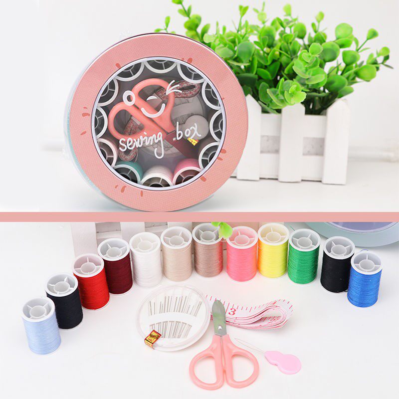 Sewing box empty box household sewing box round window iron box set sewing tool student dormitory sewing set