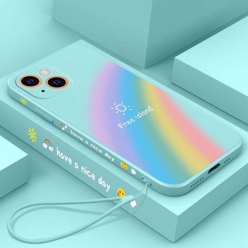 Apple 13 mobile phone case liquid silicone iphone13promax rainbow small sun belt lanyard simple and suitable for women