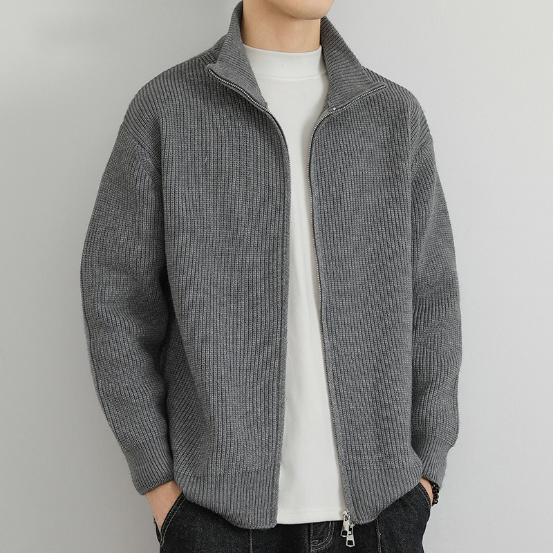 Lazy Stand-Up Collar American-Style Zip-Up Knitted Sweater Jacket for Men, New Spring and Autumn Loose Casual Cardigan Jacket